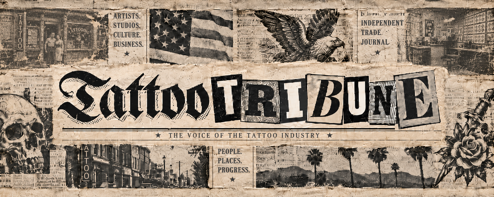 Vintage Tattoo Tribune collage with tattoo history, studios, an eagle and traditional flash artwork